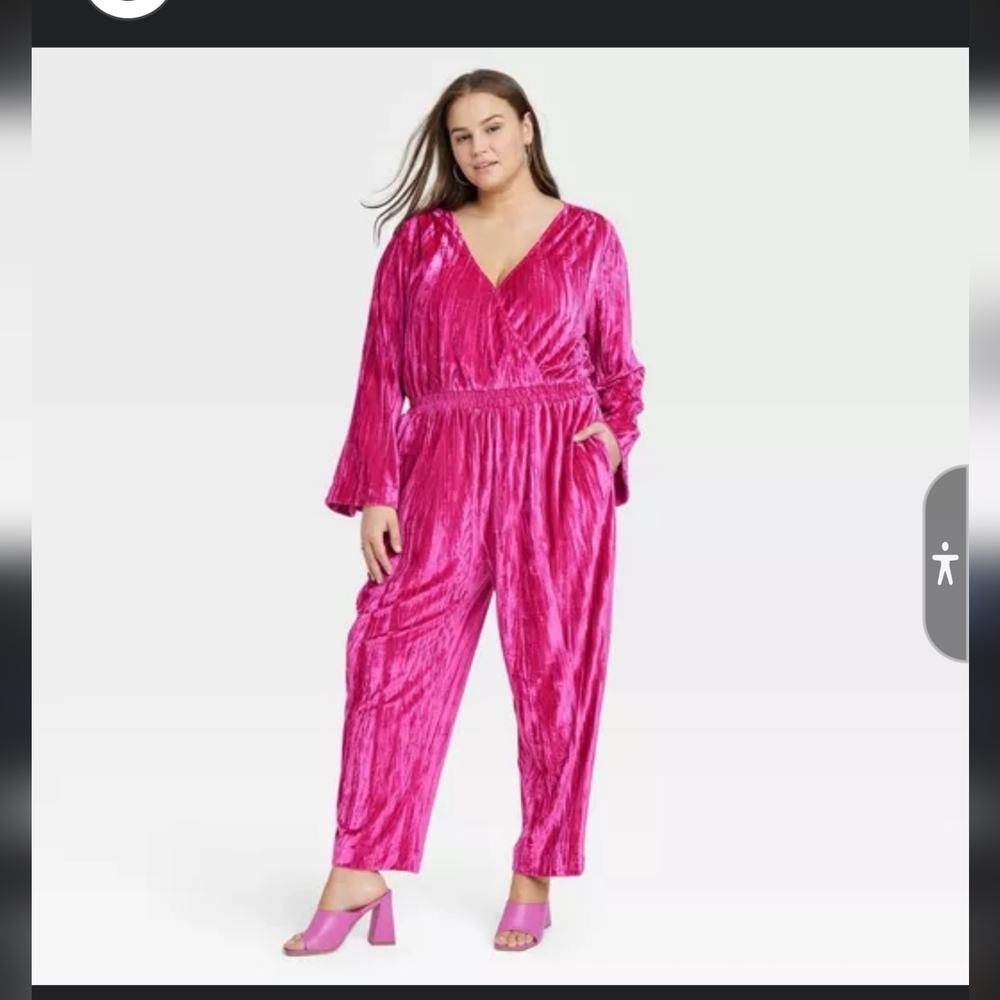 New Day Pink Crushed Velour dressy Jumpsuit Bell Sleeves baggy taper Leg  M